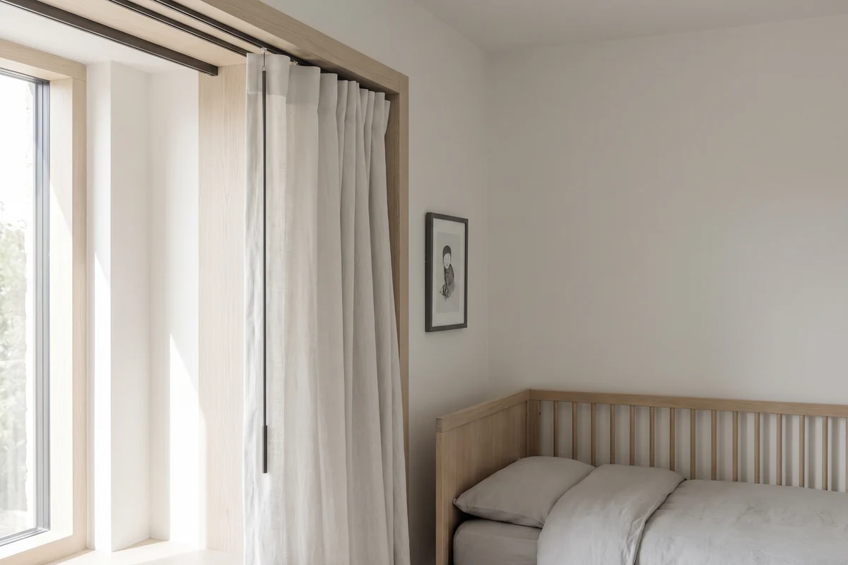 Child's bedroom window with a cordless window covering and no hanging chains