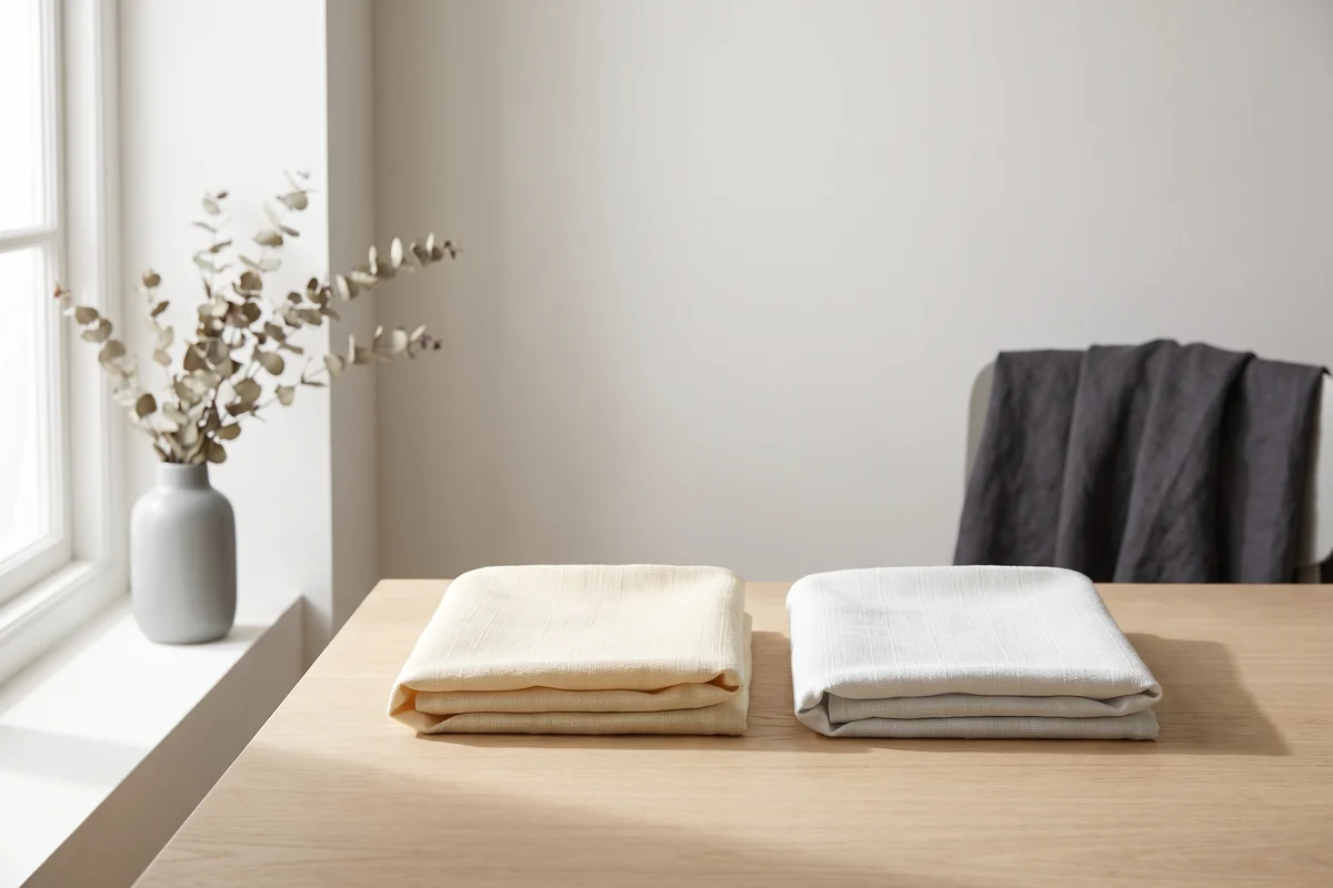 Two off-white curtain fabrics laid side by side showing warm and cool undertones