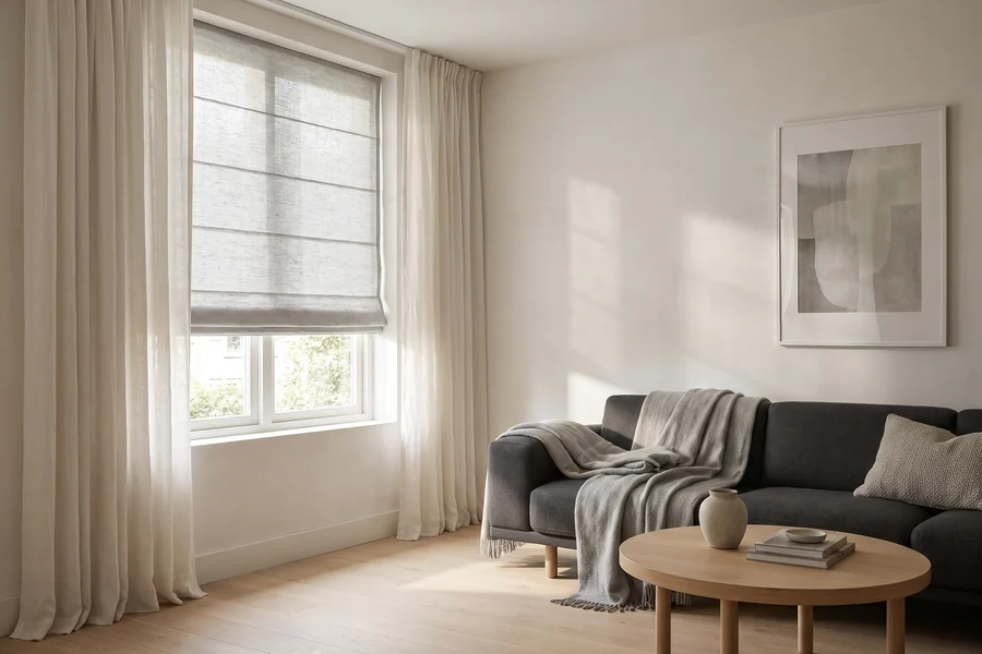 Warm living room interior with layered window furnishings