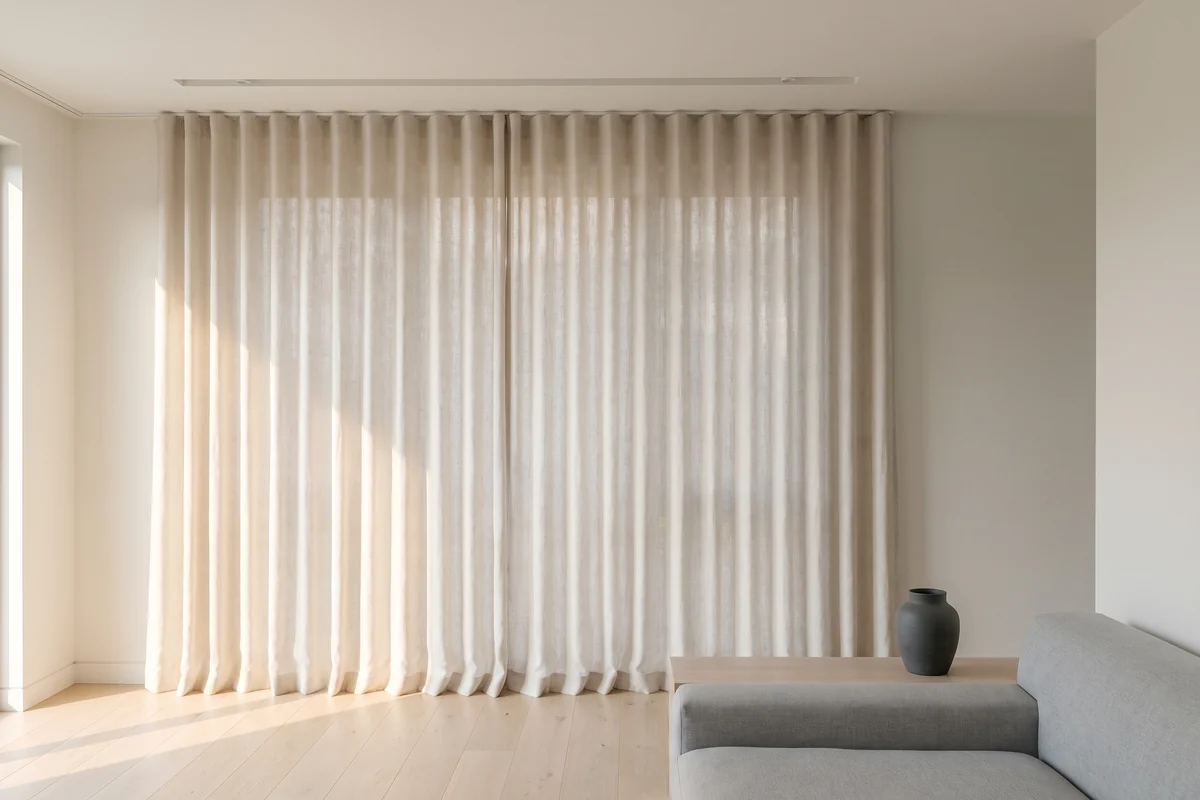 Warm off-white wave fold curtains hanging full height in a sunlit living room