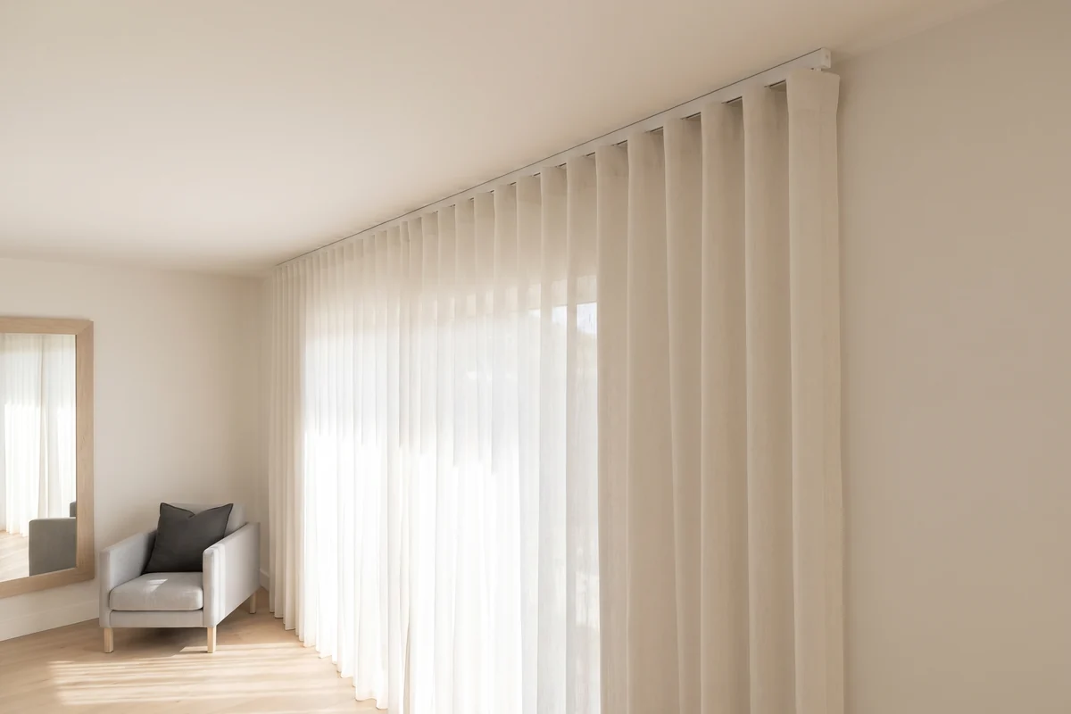 Even wave-fold curtains hanging from a slim ceiling track in a living room with a standard ceiling height