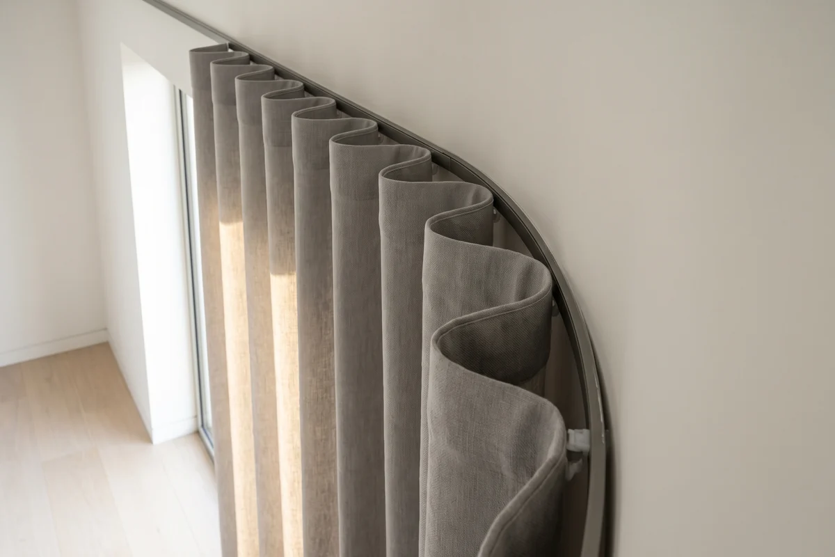 Close detail of a wave fold curtain heading, the folds evenly spaced and held by runners