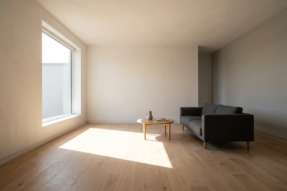 Low afternoon sun striking a west-facing window and casting long shadows into the room