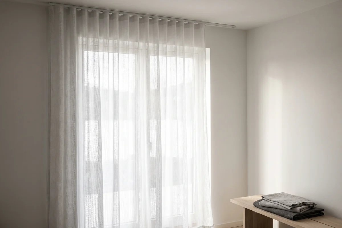 A white sheer curtain backlit by daylight, reading grey where the light passes through it