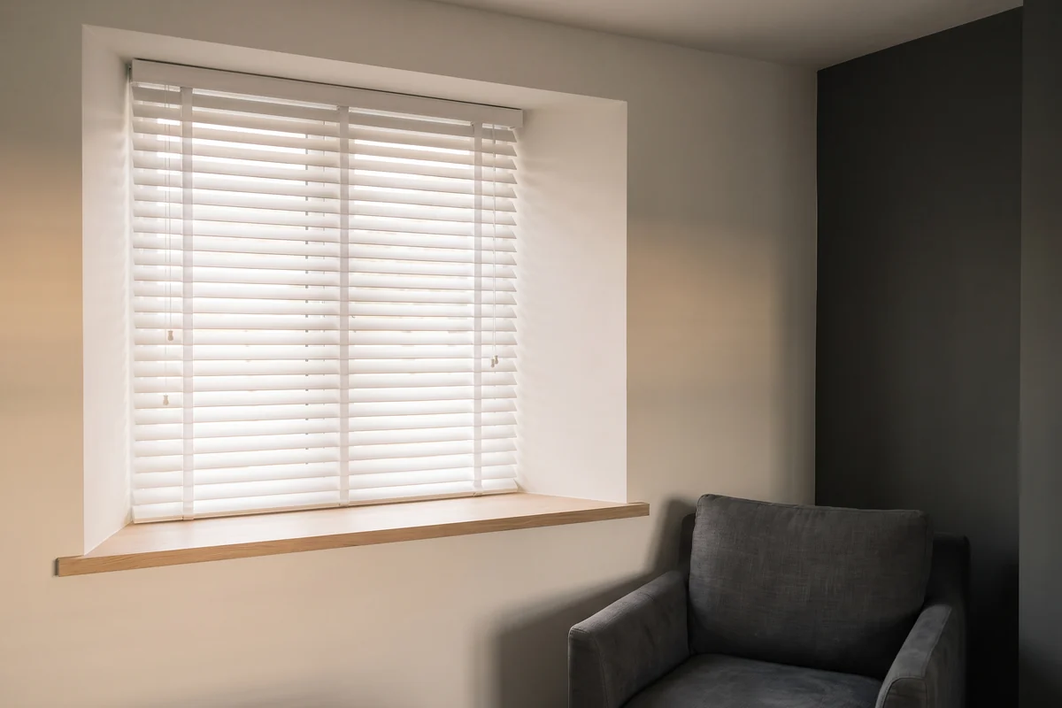 White venetian blind fitted inside a bright window reveal
