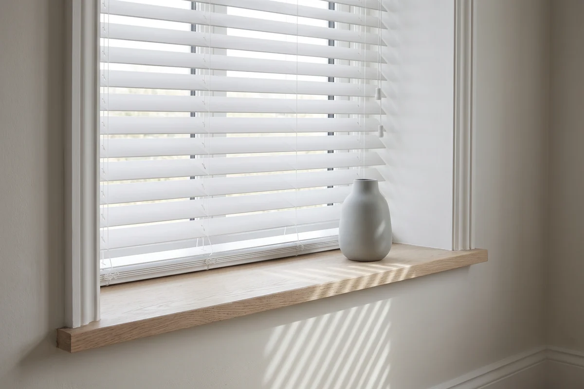 White venetian blinds fitted inside a window reveal, matching the painted trim