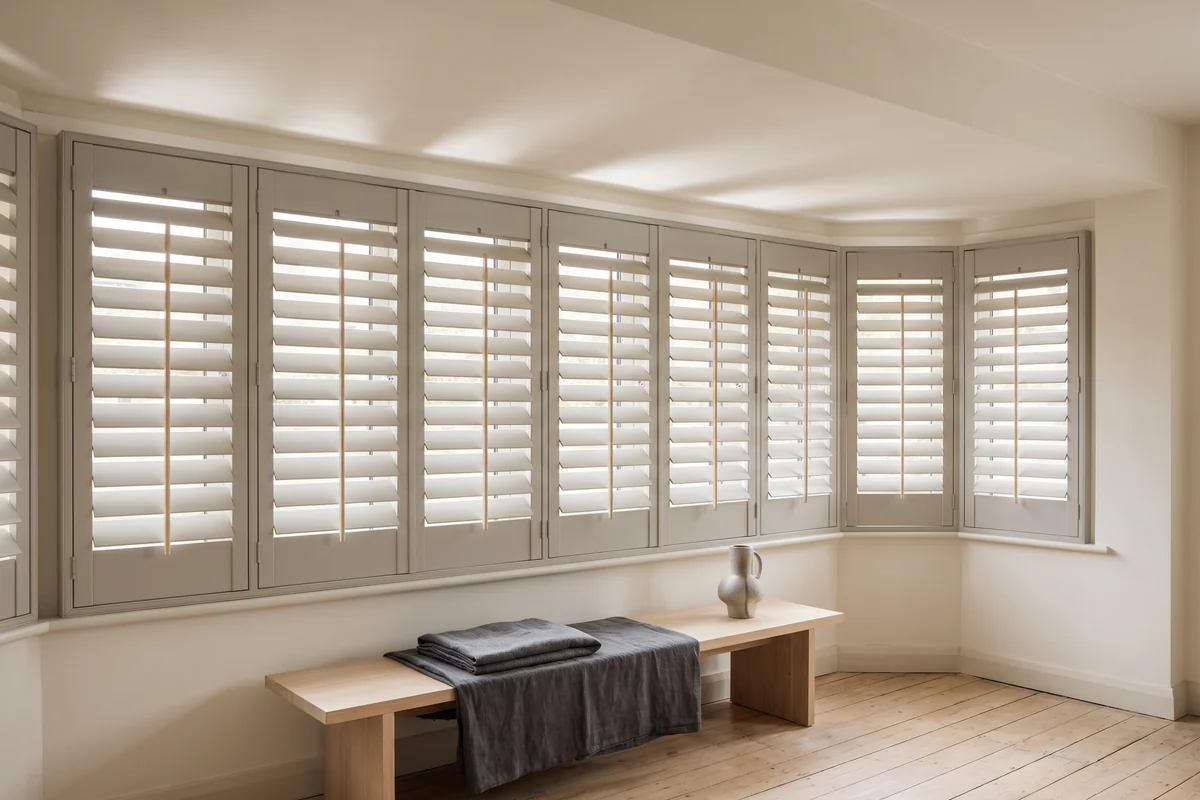 Wide-louvre shutters across living room windows with a tilt rod down each panel