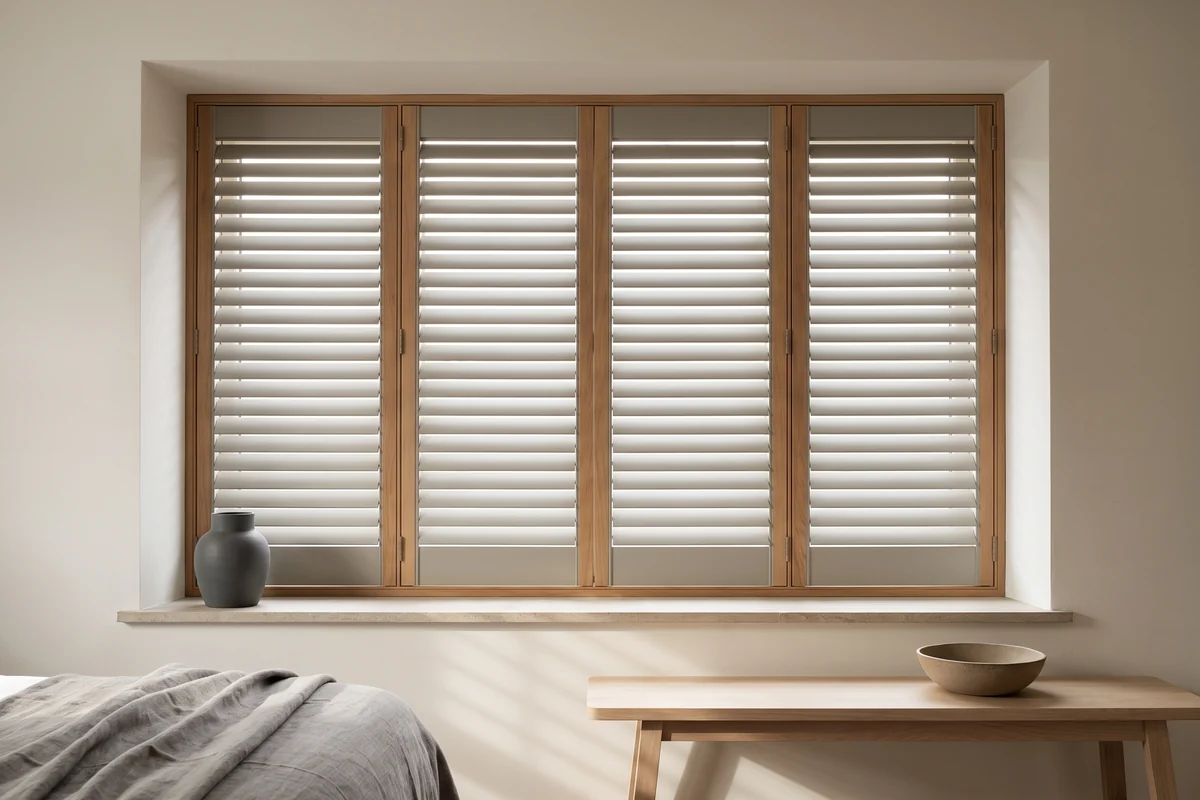 A wide window split into four louvred shutter panels