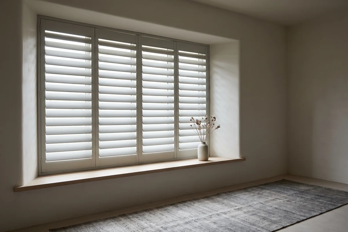 Wide shutter blades level and horizontal across a window opening in a solid frame