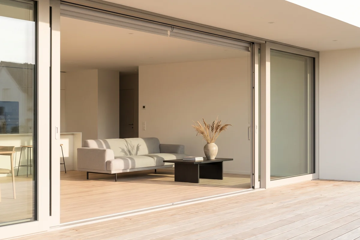 Wide sliding doors drawn back from an open-plan living room onto a timber deck