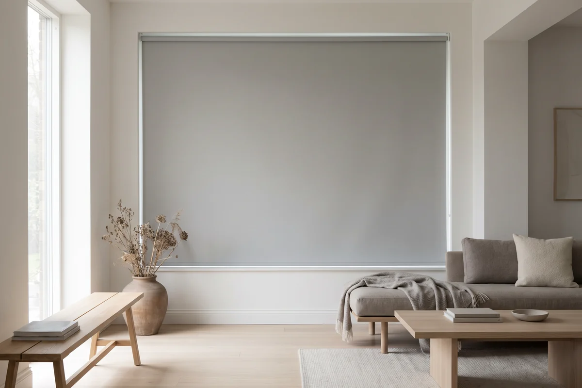 A wide living room window with a roller blind lowered across it
