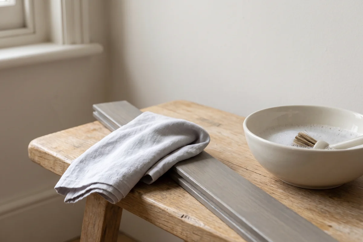 A blind slat being wiped clean with a soft cloth